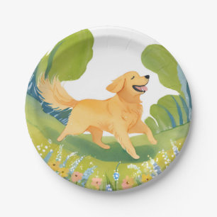 Assiettes En Carton Heureux Golden Retriever   Chien Aquarelle Claire
