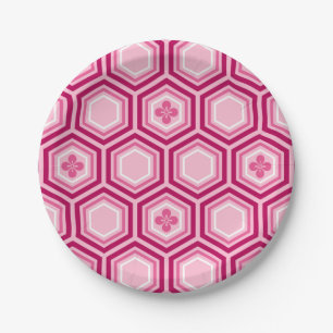 Assiettes En Carton Hexagonal Kimono Imprimer, Bourgogne et rose