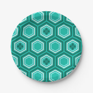 Assiettes En Carton Hexagonal Kimono Imprimer, Turquoise, Aqua et Blan