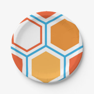 Assiettes En Carton hexagone en orange, bleu et blanc