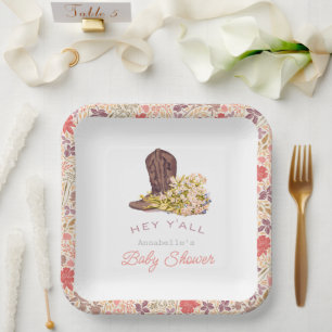 Assiettes En Carton Hey Y'all Cowboy Boot & Bouquet Girl Baby shower