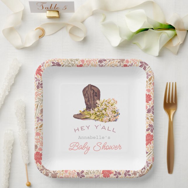 Assiettes En Carton Hey Y'all Cowboy Boot & Bouquet Girl Baby shower (Mariage)