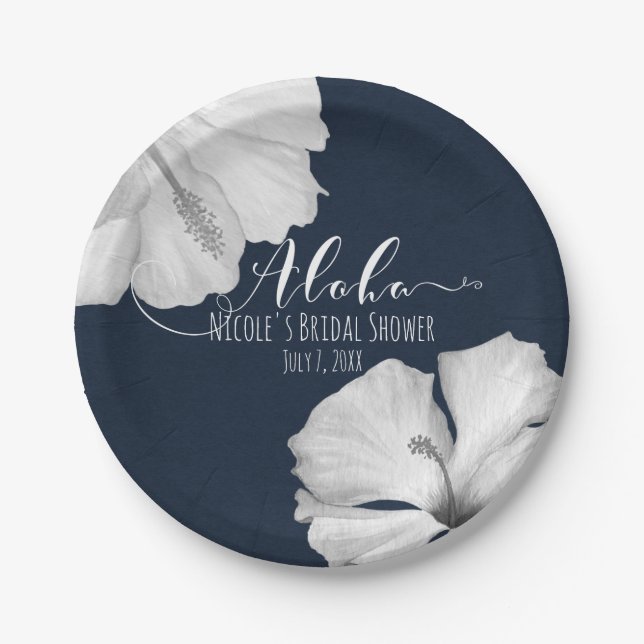 Assiettes En Carton Hibiscus blanc Mariage tropical bleu Aloha (Devant)
