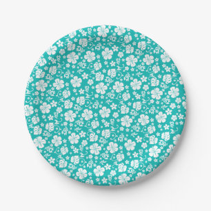 Assiettes En Carton Hibiscus blanc sur Turquoise Tropical