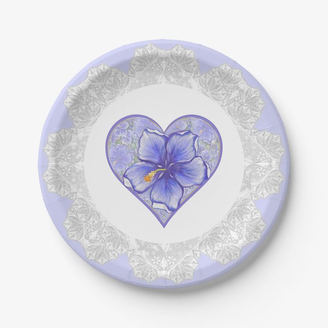 Assiettes En Carton Hibiscus & dentelle BLEU (Devant)