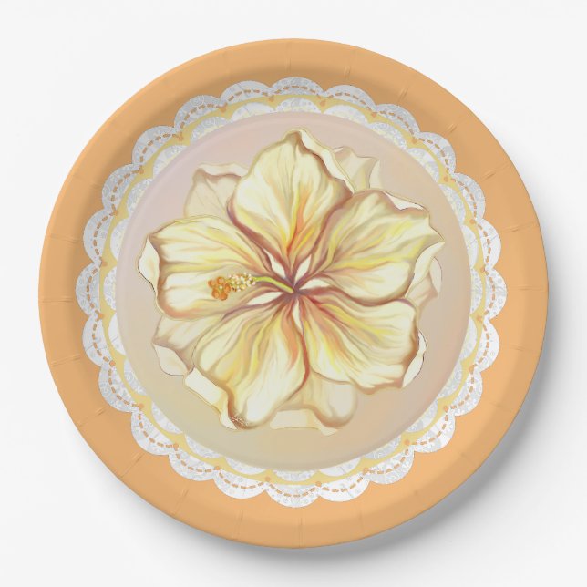 Assiettes En Carton Hibiscus & dentelle JAUNE (Devant)