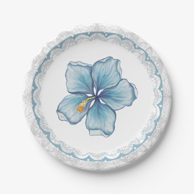 Assiettes En Carton Hibiscus & dentelle TURQUOISE (Devant)