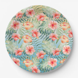 Assiettes En Carton Hibiscus floral aqua rose pêche jaune