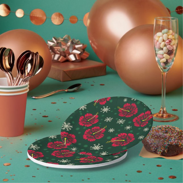 Assiettes En Carton Hibiscus floral tropical Snowflakes Noël | (Multi)