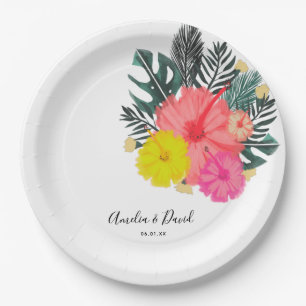 Assiettes En Carton Hibiscus Hawaï Mariage Floral Tropical Dessiné à l