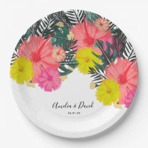 Assiettes En Carton Hibiscus Hawaï Tropical Dessin à la Main Mariage L
