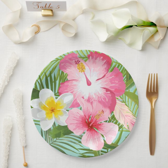 Assiettes En Carton Hibiscus rose Tropical (Mariage)
