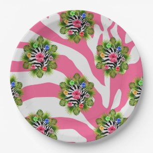 Assiettes En Carton Hibiscus tropical et rayures exotiques de zèbre ro