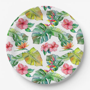 Assiettes En Carton Hibiscus tropical Palm Feuille Hawaiian