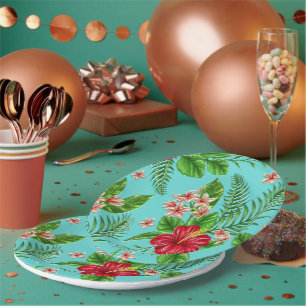 Assiettes En Carton Hibiscus Tropical Rose Cute Fleur Sur Turquoise