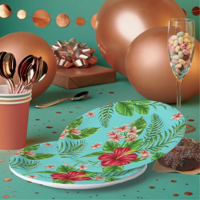 Assiettes En Carton Hibiscus Tropical Rose Cute Fleur Sur Turquoise (Multi)