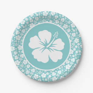 Assiettes En Carton Hibiscus tropical sur plaque de papier turquoise