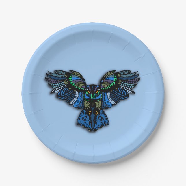Assiettes En Carton Hibou bleu (Devant)