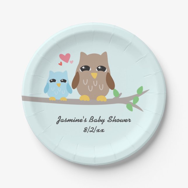 Assiettes En Carton Hibou mignon de baby shower de garçon (Devant)