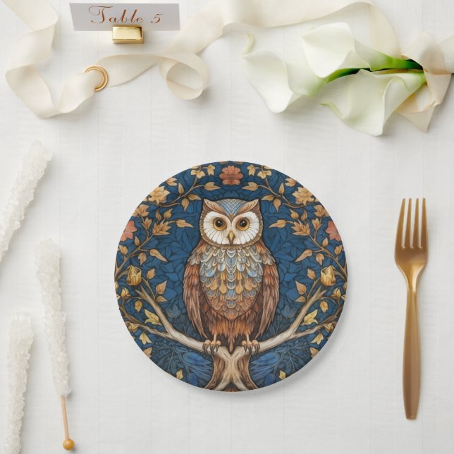Assiettes En Carton Hibou sur une branche bleu automne arrière - plan  (Mariage)