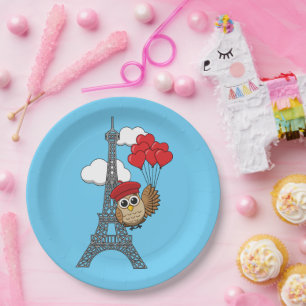 Assiettes En Carton Hibou volant avec des ballons de coeur à Paris