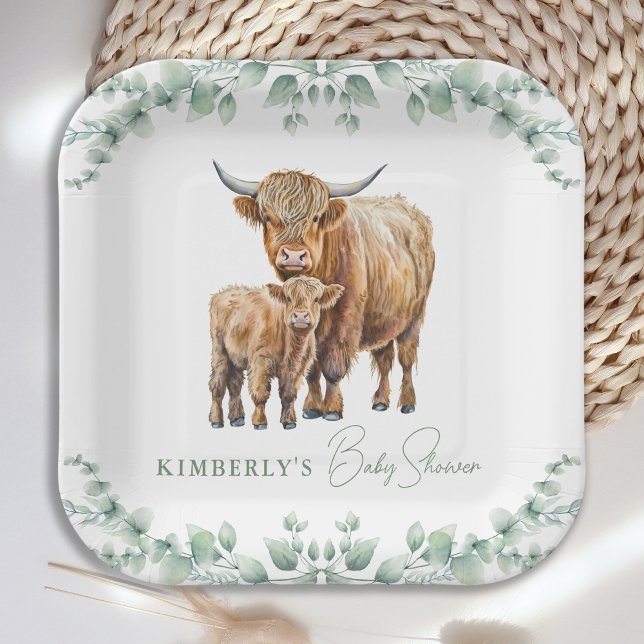 Assiettes En Carton Highland Cow Greenery Boho Farm Baby shower animal (Créateur téléchargé)