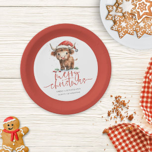 Assiettes En Carton Highland Cow Santa Chapeau Nom Joyeux Noël