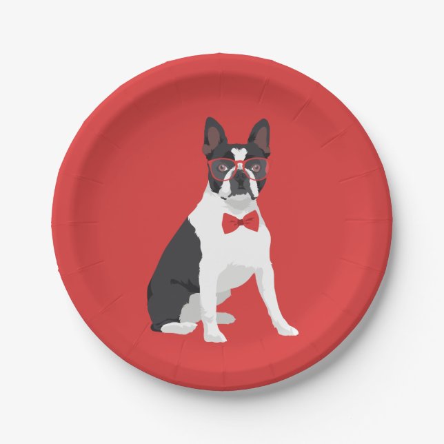 Assiettes En Carton Hippie Boston Terrier avec les verres et la (Devant)