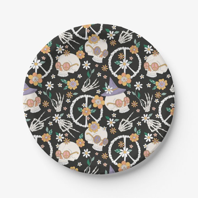 Assiettes En Carton Hippie Halloween Skulls et Fleurs Motif (Devant)
