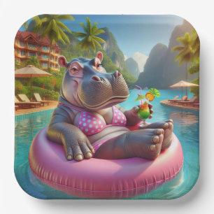 Assiettes En Carton Hippo Flottant Dans Une Piscine Avec Cocktail Bois