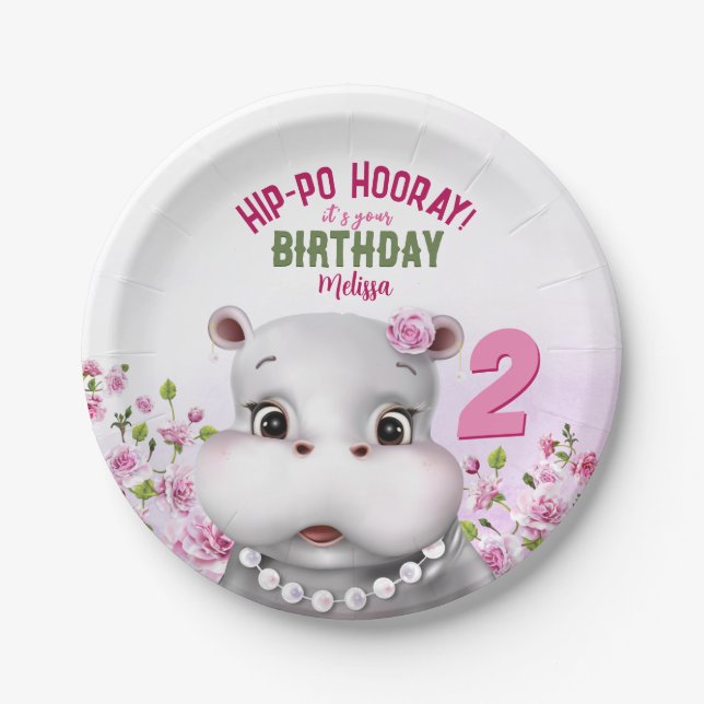 Assiettes En Carton Hippo rose florale fille anniversaire (Devant)