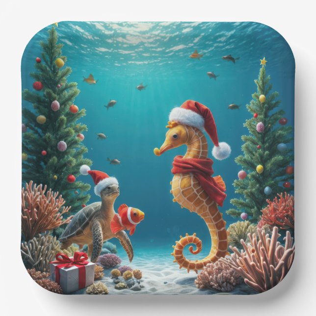Assiettes En Carton Hippocampe de Noël sous-marin et tortue de mer (Recto)