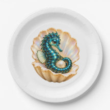 Hippocampe Turquoise dans Coquille de Perle Fête O