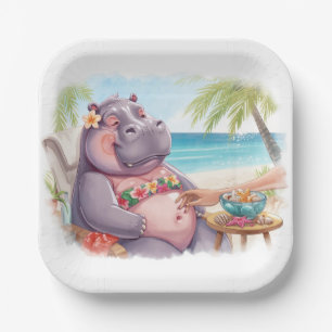 Assiettes En Carton Hippopotame en bikini se détend sur la plage