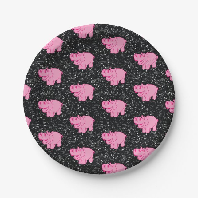Assiettes En Carton Hippopotame rose Cute Hippopotame souriant (Devant)