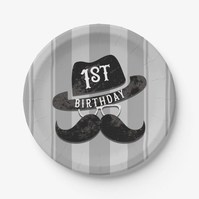 Assiettes En Carton Hipster Mr Mustache Casquette lunettes 1er anniver (Devant)