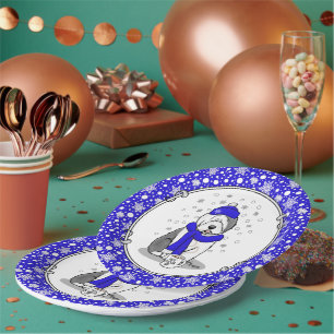 Assiettes En Carton Hiver Bleu Vieux Anglais Chien à chiens (Gris 1) M