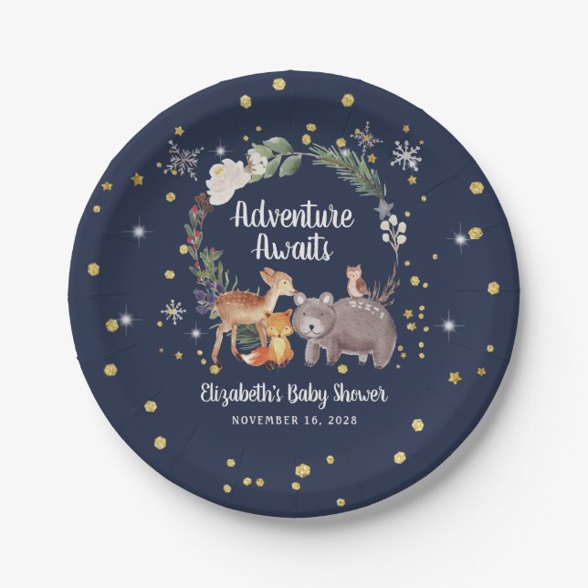 Assiettes En Carton Hiver Bois Animaux Baby shower bleu (Devant)