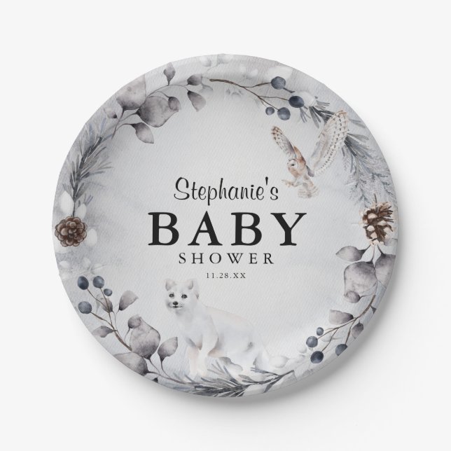 Assiettes En Carton Hiver Bois Animaux Baby shower d'aquarelle (Devant)