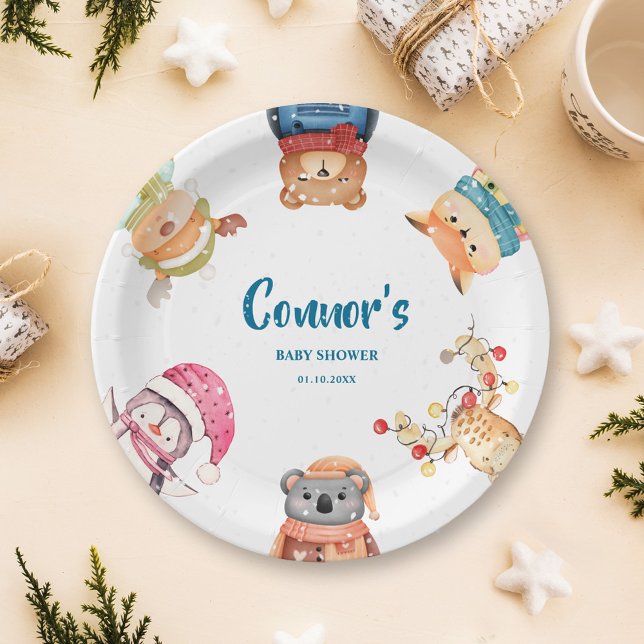 Assiettes En Carton Hiver Bois Animaux Élégante fête Baby shower (Winter Woodland Animals Elegant Baby Shower Party Paper Plates)