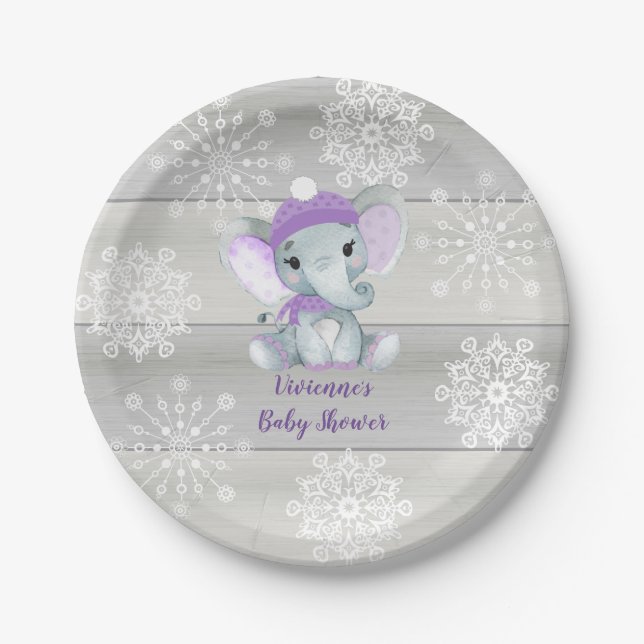 Assiettes En Carton Hiver Elephant violet Plate Baby shower, Anniversa (Devant)