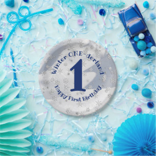 Assiettes En Carton Hiver ONE derland Blue First Birthday Snowflakes