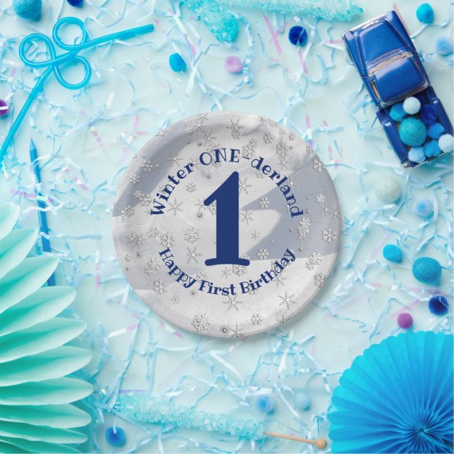 Assiettes En Carton Hiver ONE derland Blue Premier Anniversaire Snowfl (Fête)