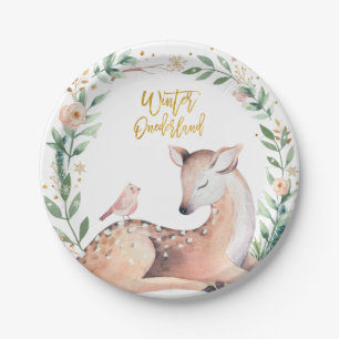 Assiettes En Carton Hiver ONE derland Gold Greenery Deer Woodland