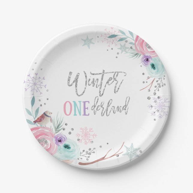 Assiettes En Carton Hiver ONE derland Parties scintillant d'argent ros (Devant)