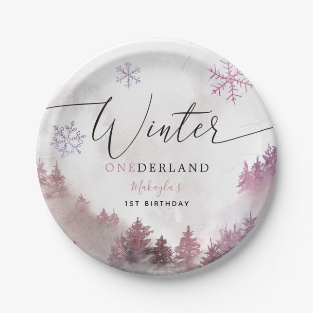 Assiettes En Carton Hiver ONE derland Pink Snowy Mountain Anniversaire (Devant)