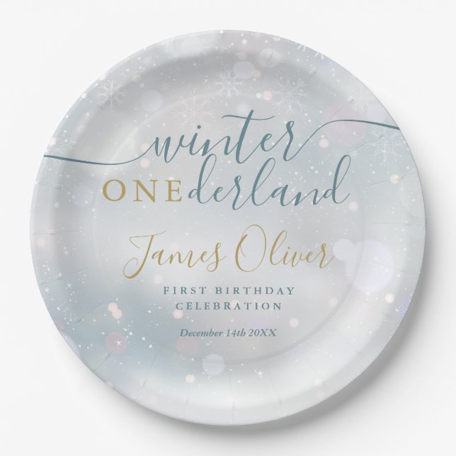 Assiettes En Carton Hiver Onederland 1er anniversaire Bleu et or (Devant)