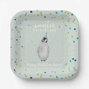 Assiettes En Carton Hiver Onederland Blue Anniversaire Penguin Confett