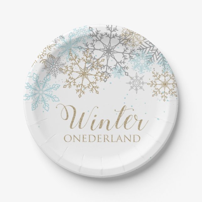 Assiettes En Carton Hiver Onederland Blue Snowflake Plaques d'annivers (Devant)