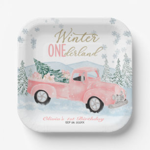 Assiettes En Carton Hiver Onederland Camion Rose Premier Anniversaire